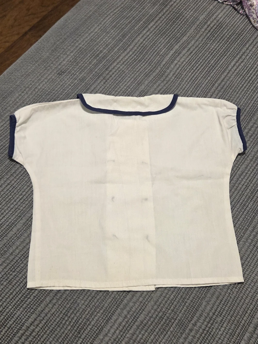 Cream Short-Sleeve Kids Top with Navy Trim and Cherry Embroidery